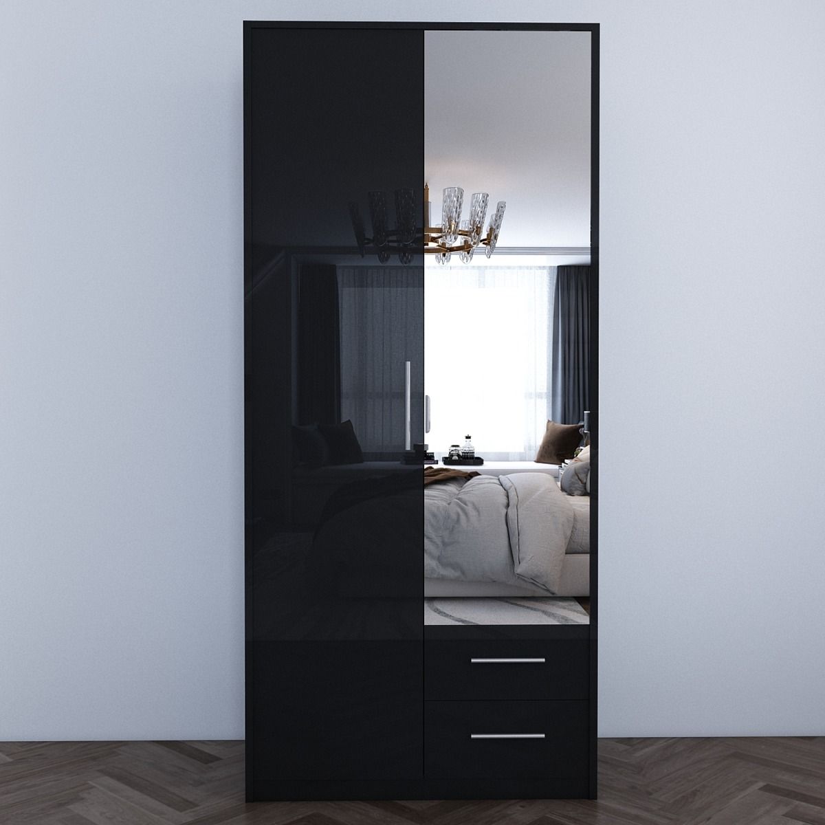 WINSTEAD 2 Door Mirrored Wardrobe Black 90cm