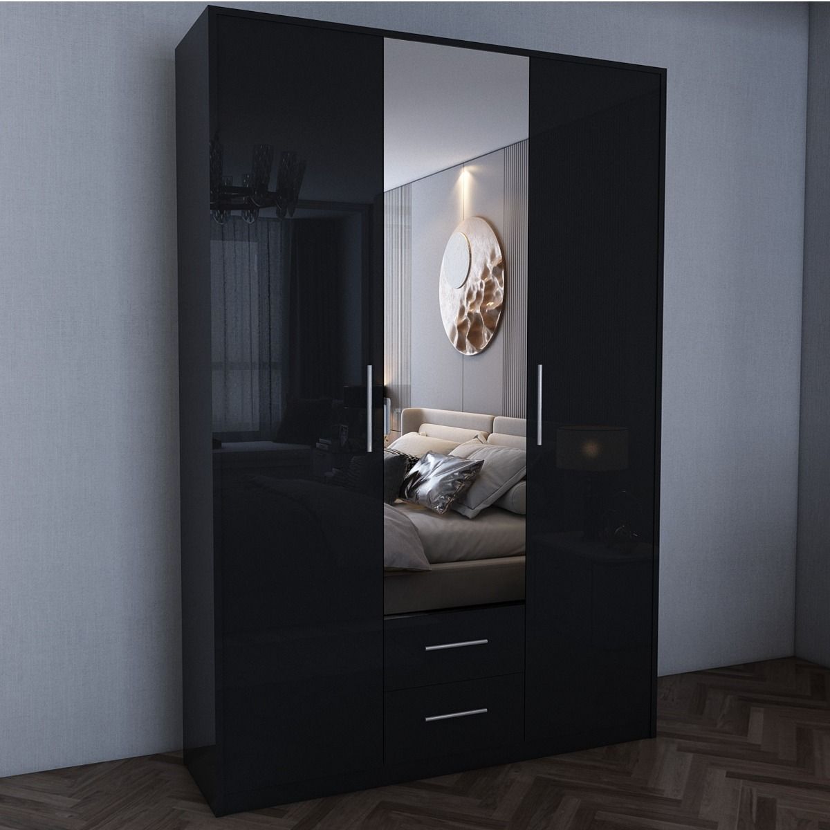 WINSTEAD 3 Door Mirrored Wardrobe Black 120cm