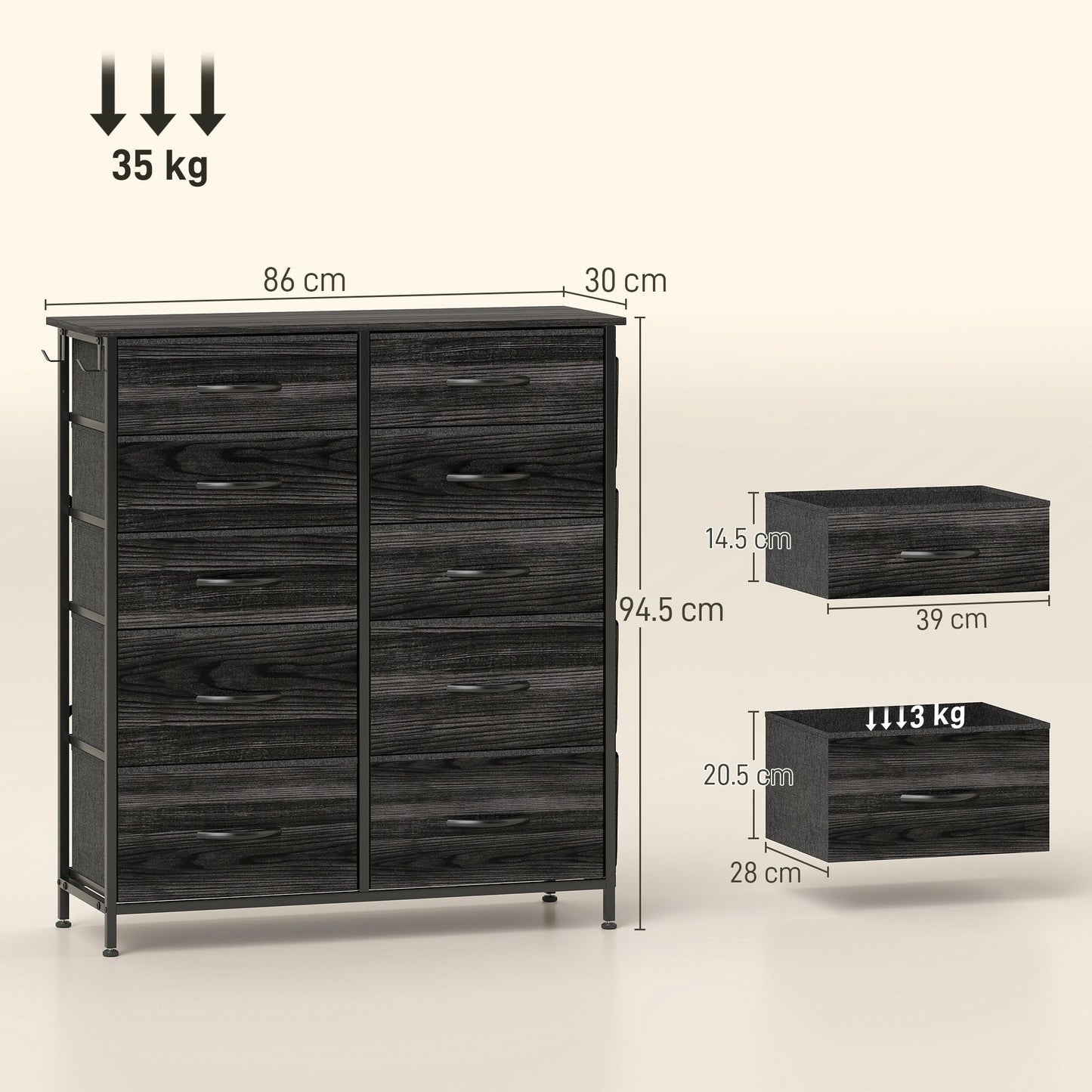 HOMCOM Chest of Ten Fabric Drawers - Black