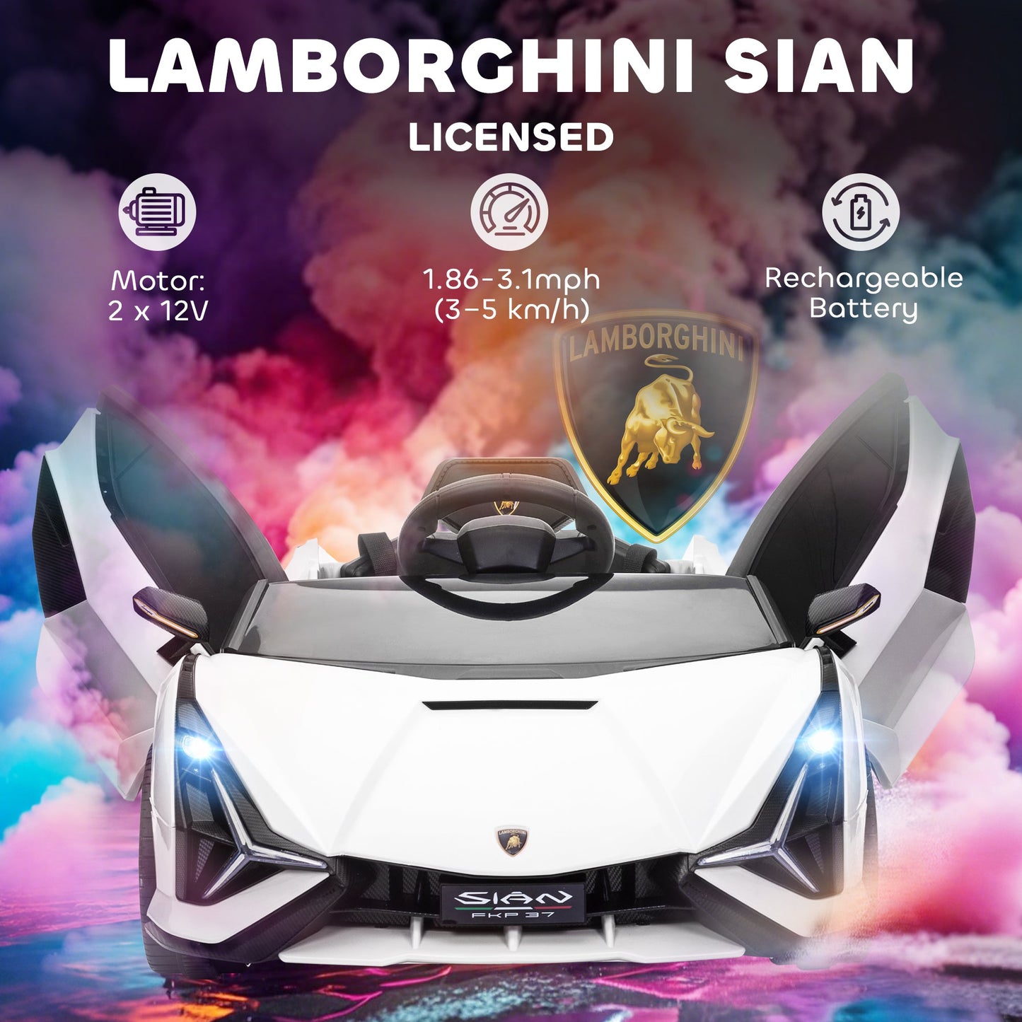 HOMCOM Lamborghini Sian Licensed 12V Kids Electric Ride On Car 2 Motors Toy Car with Remote Control Music Lights MP3 for 3-5 Years White