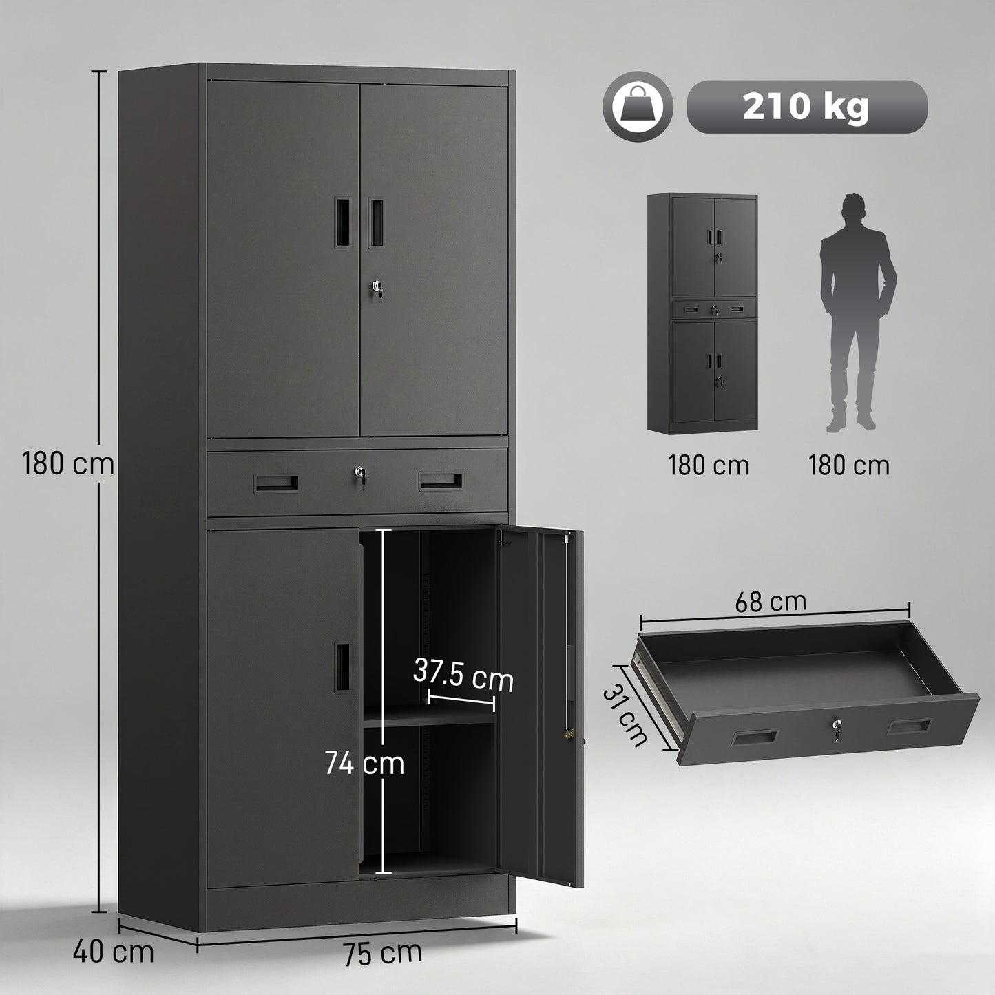 HOMCOM Metal Storage Cabinet, 180cm Tall Tool Cabinet with Locking Doors, Drawer and Adjustable Shelves, Black