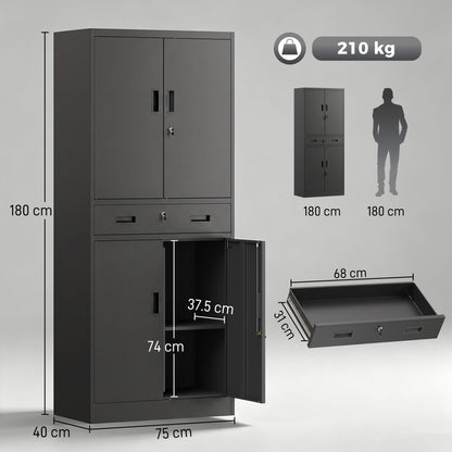 HOMCOM Metal Storage Cabinet, 180cm Tall Tool Cabinet with Locking Doors, Drawer and Adjustable Shelves, Black