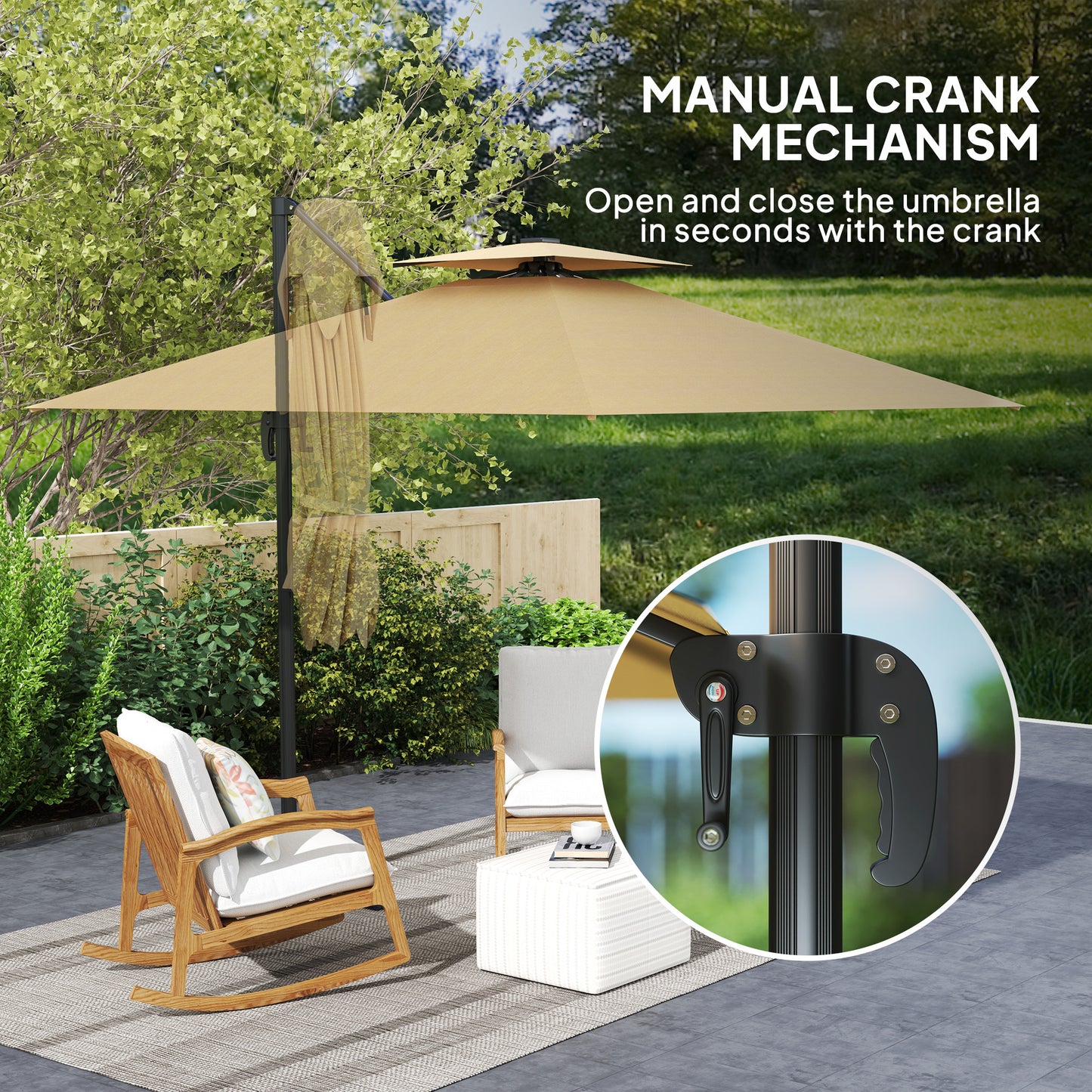 Outsunny 2.5m Cantilever Parasol with Solar Powered LED Lights, 360√Ç¬∞ Rotation, Tilt Adjustment, Crank Handle, Khaki