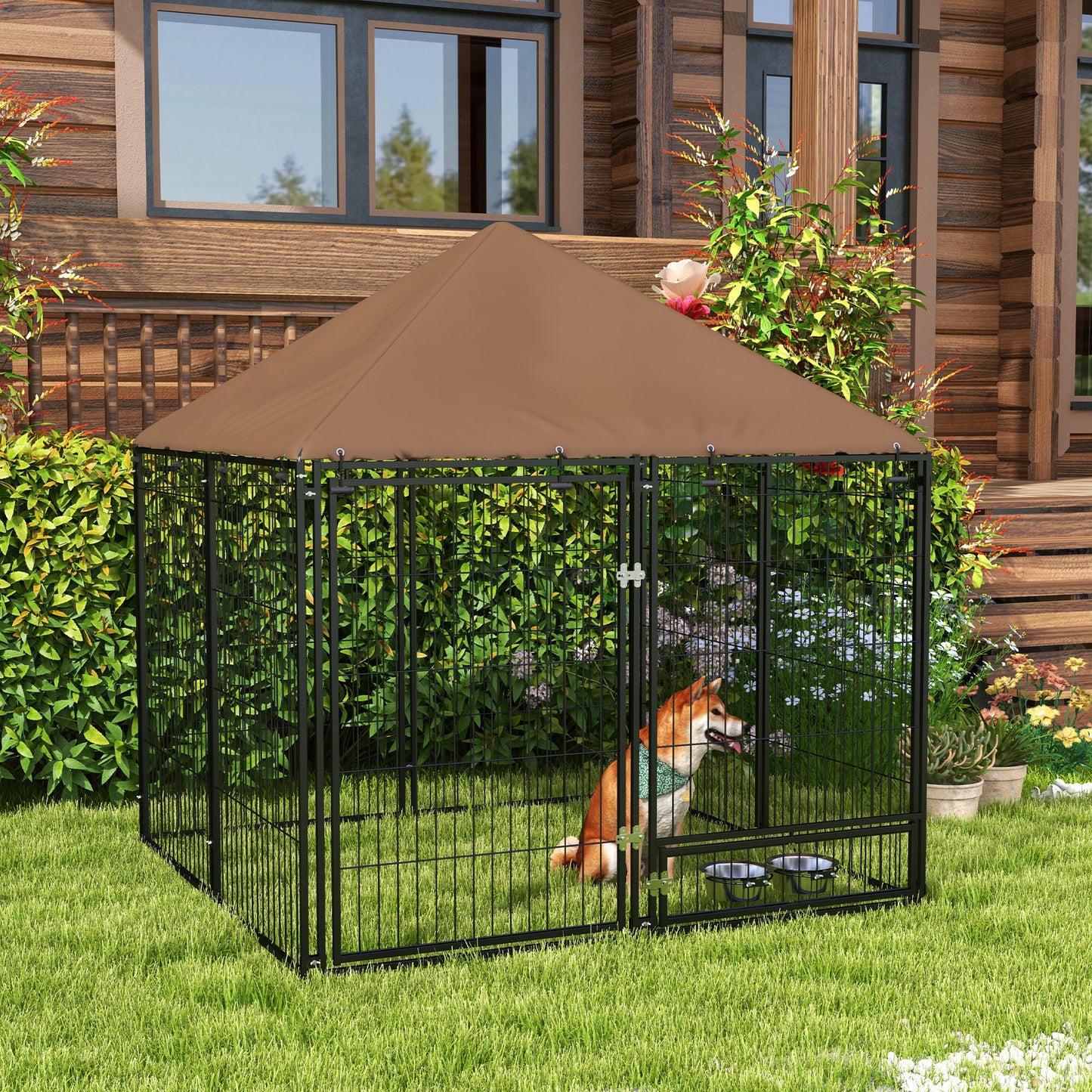 PawHut Outdoor Dog Kennel Puppy Play Pen z baldachimem Garden Playpen Fence Crate Enclosure Cage Rotating Bowl 141 x 141 x 151 cm