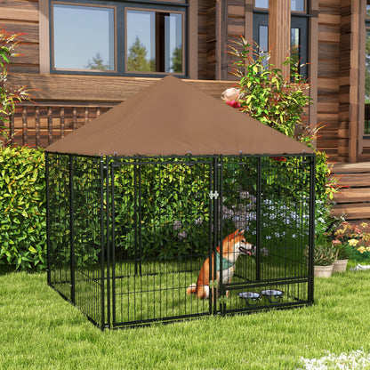 PawHut Outdoor Dog Kennel Puppy Play Pen z baldachimem Garden Playpen Fence Crate Enclosure Cage Rotating Bowl 141 x 141 x 151 cm