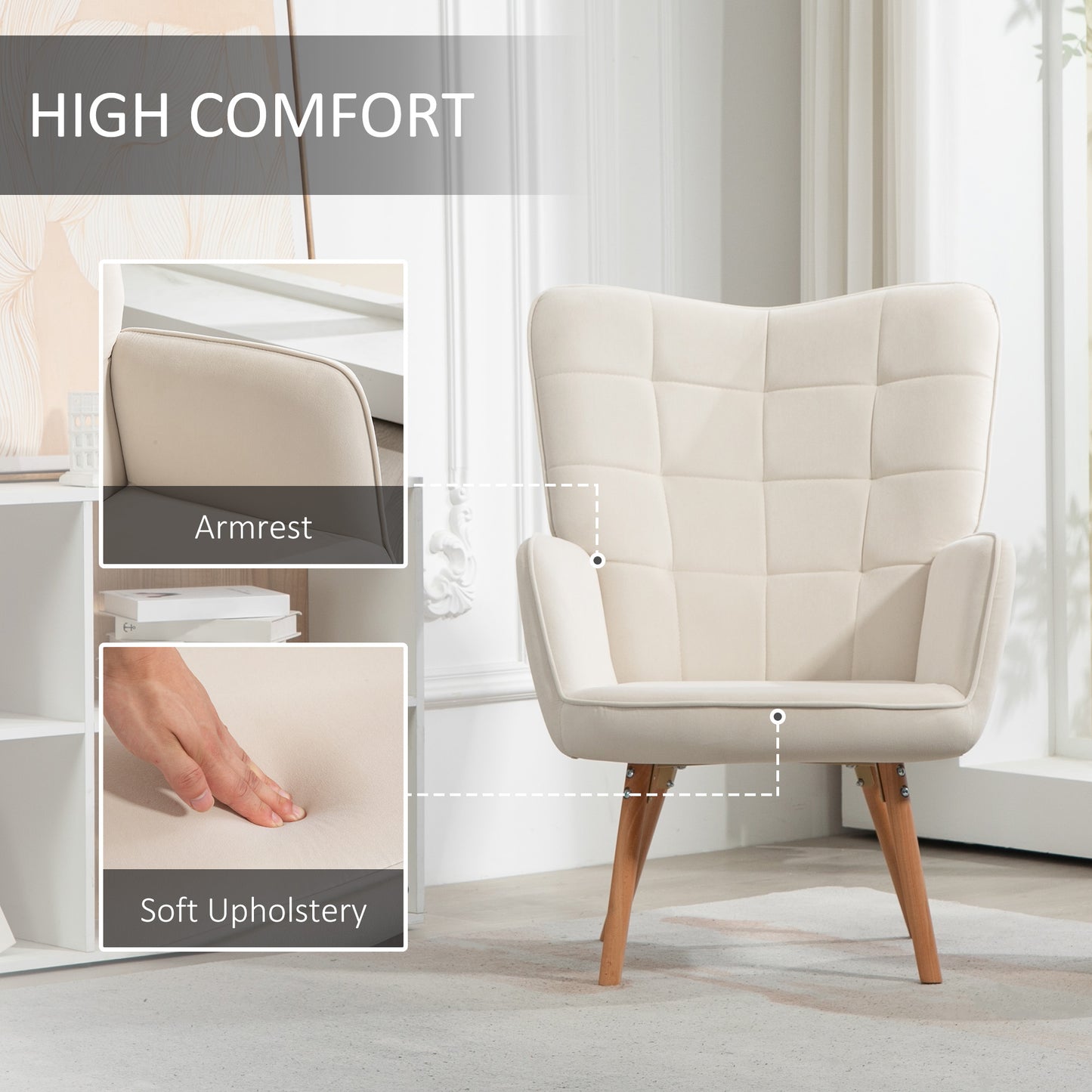 HOMCOM Modern Accent Chair, Upholstered Tufted Wingback Armchair with Seat Padding, Leisure Lounge Bedroom Chair with Wood Legs, Cream White