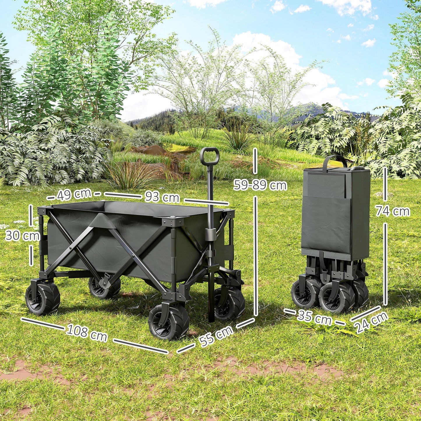 Outsunny Outdoor Pull Along Cart Folding Cargo Wagon Trailer Trolley for Beach Garden with Handle, Anti-Slip Wheel - Dark Grey