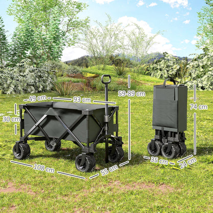 Outsunny Outdoor Pull Along Cart Folding Cargo Wagon Trailer Trolley for Beach Garden with Handle, Anti-Slip Wheel - Dark Grey