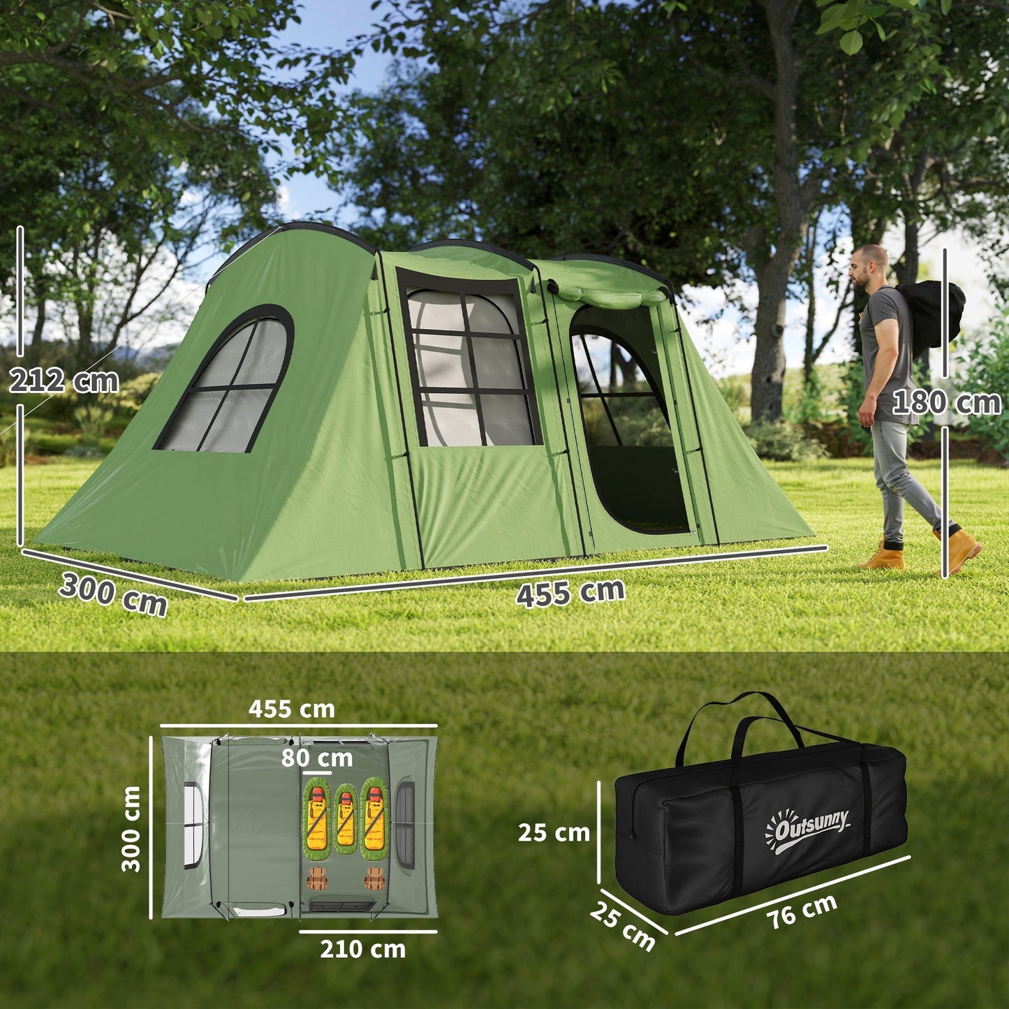 Outsunny 4 Man Tunnel Tent, Family Camping Tent with Porch, Bedroom and Living Area, Sewn in Groundsheet, 3000mm Waterproof, Portable with Bag for Hiking, Festival, Backpacking, Green