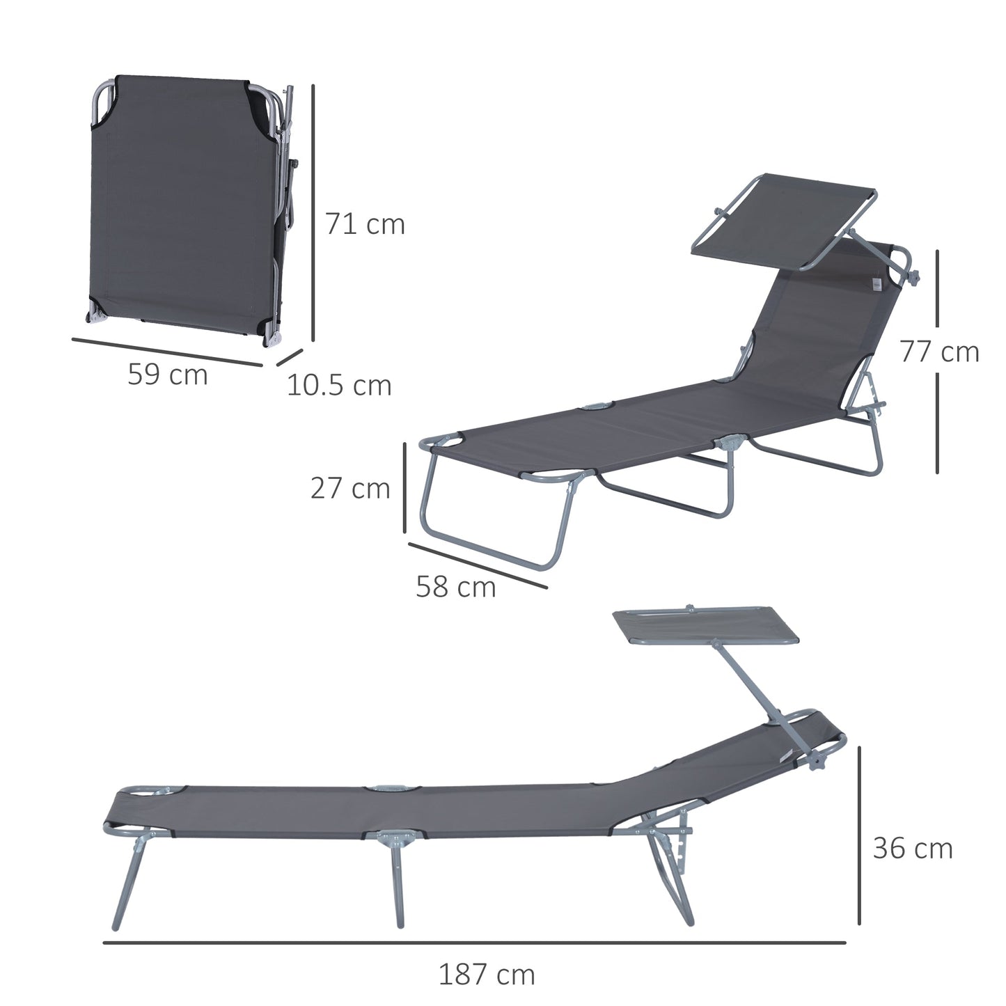 Outsunny Outdoor Foldable Sun Lounger, 4 Level Adjustable Backrest Reclining Sun Lounger Chair with Angle Adjust Sun Shade Awning for Beach, Garden, Patio, Grey