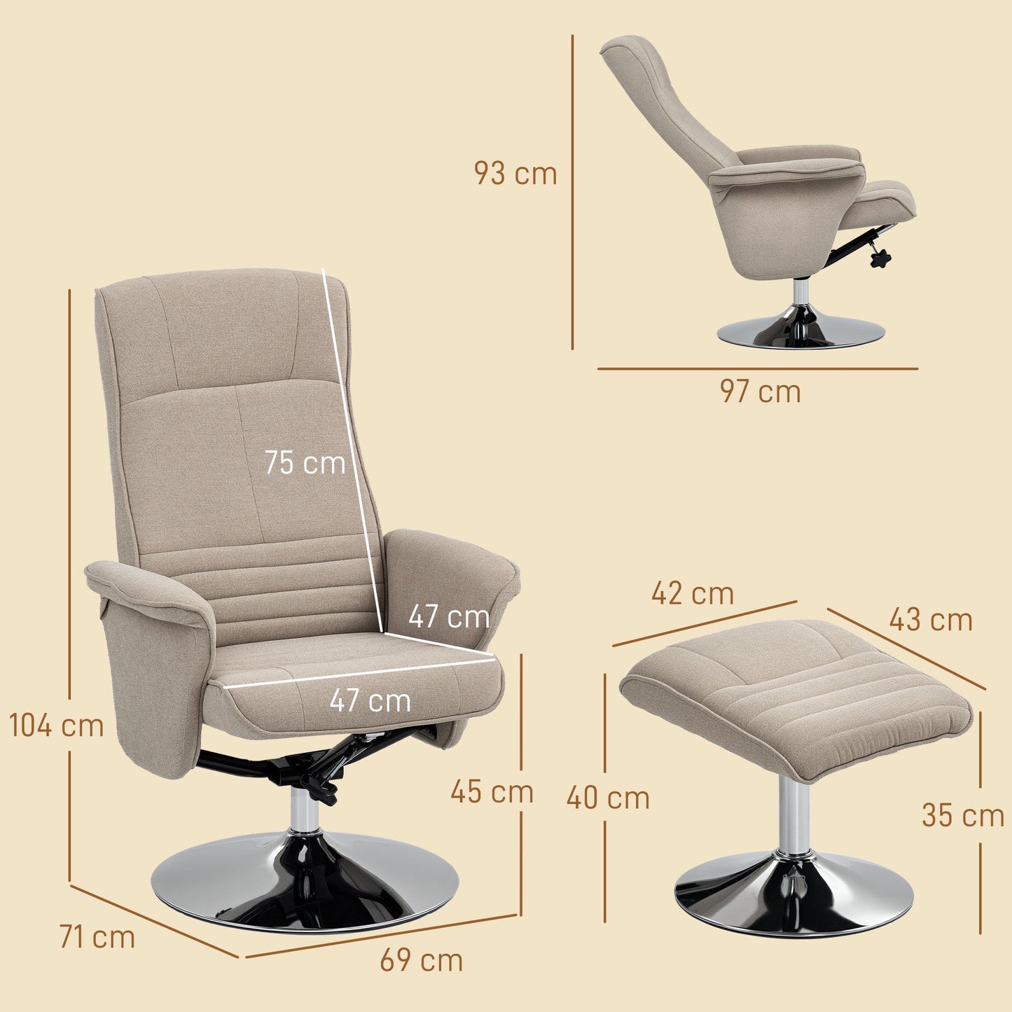 HOMCOM Swivel Recliner Chair with Footstool, Velvet Recliner Armchair with Ottoman, Steel Base, Upholstered Reclining Chair for Living Room, Bedroom, Office, Beige
