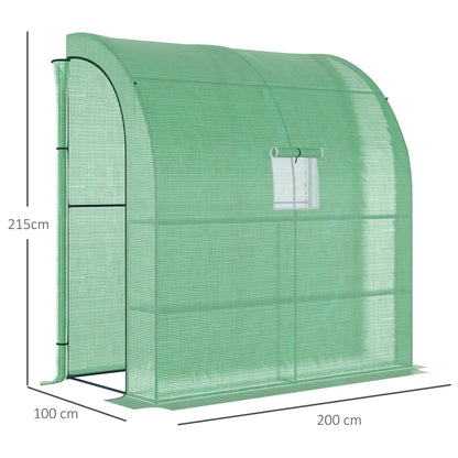 Outsunny Walk-In Lean to Wall Szklarnia z Oknami i Drzwiami, Zewnętrzna Szklarnia z 3 Poziomami 4 Półkami Drucianymi, 200L x 100W x 215Hcm, Zielony