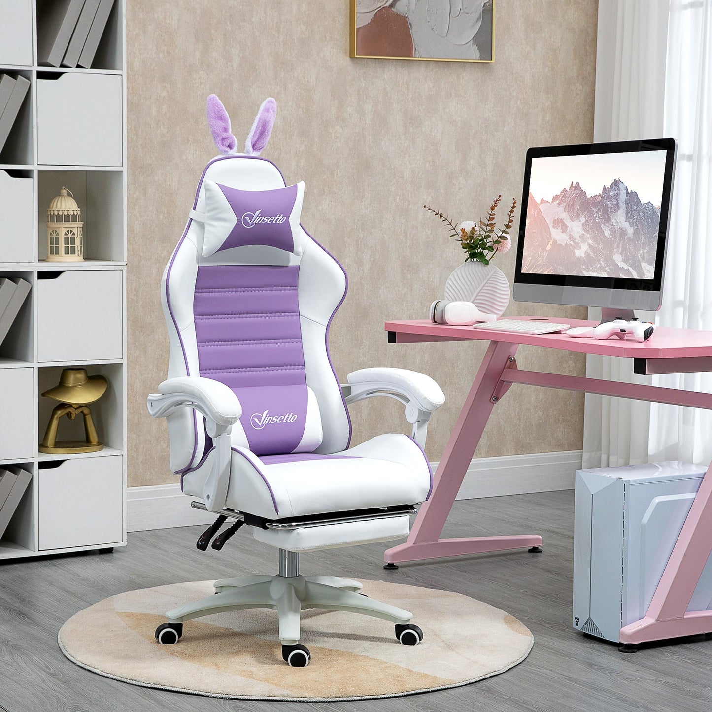 Vinsetto Racing Gaming Chair, Reclining PU Leather Computer Chair with Removable Rabbit Ears, Footrest, Headrest and Lumber Support, Purple