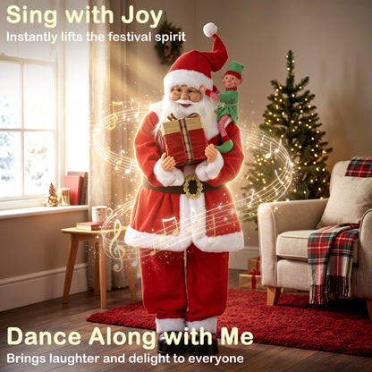 HOMCOM 4ft Singing Dancing Santa Claus, Standing Christmas Animated Santa Figure with Elf, Gift Box, Sound/Touch Activated