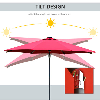 Outsunny 2.7m Garden Parasol Sun Umbrella w/ LED Solar Light Angled Canopy Red