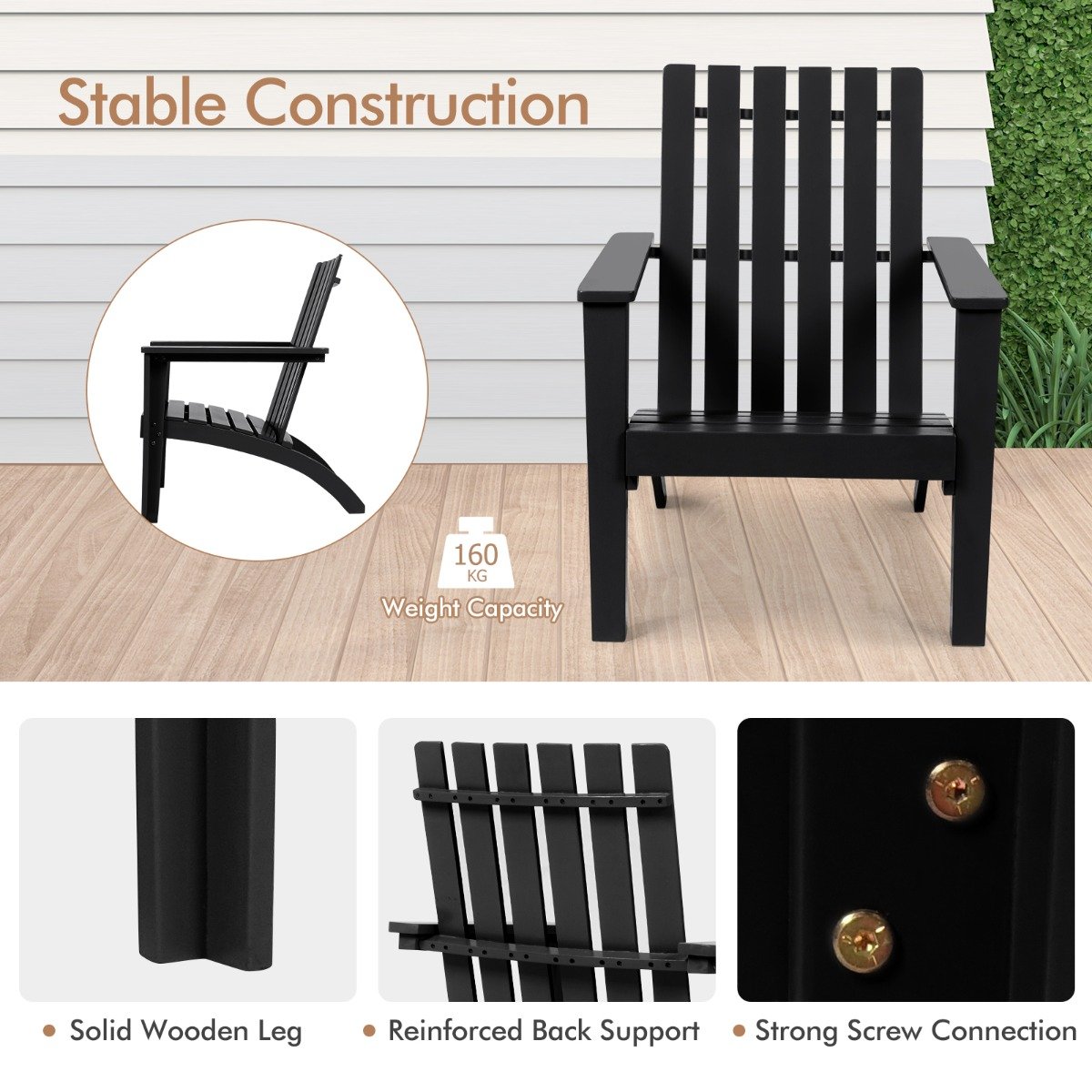 Wood Adirondack Chair with Solid Acacia Wood and 160KG Weight Capacity-Black