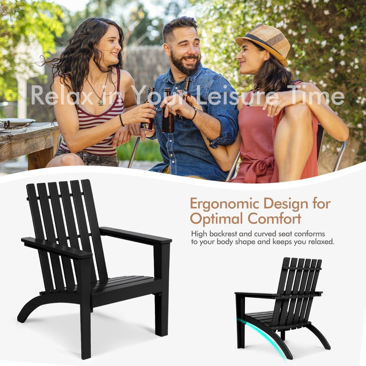 Wood Adirondack Chair with Solid Acacia Wood and 160KG Weight Capacity-Black