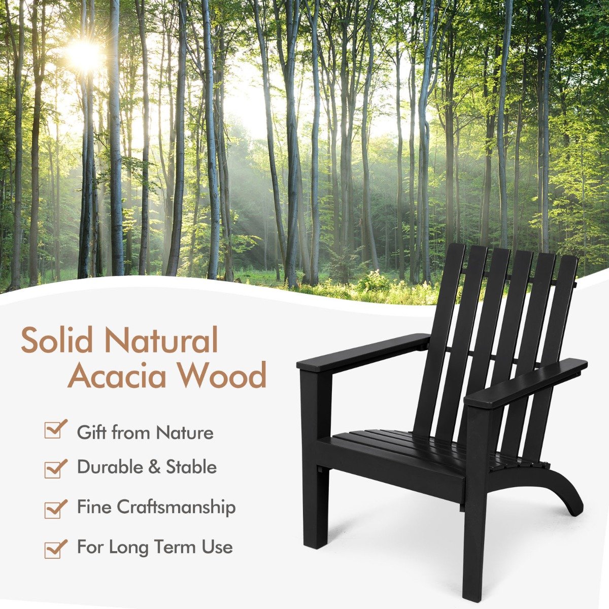 Wood Adirondack Chair with Solid Acacia Wood and 160KG Weight Capacity-Black