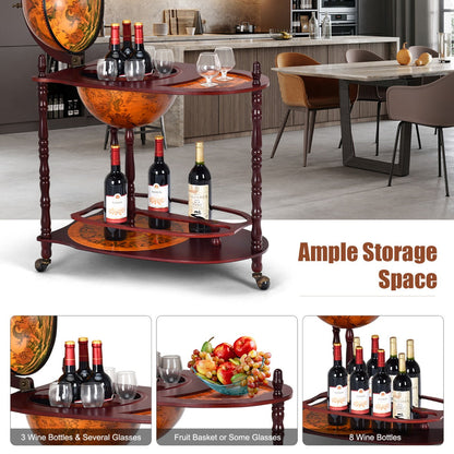 Wood Globe Wine Bar Stand with Retro Wood Liquor Bottle Shelf