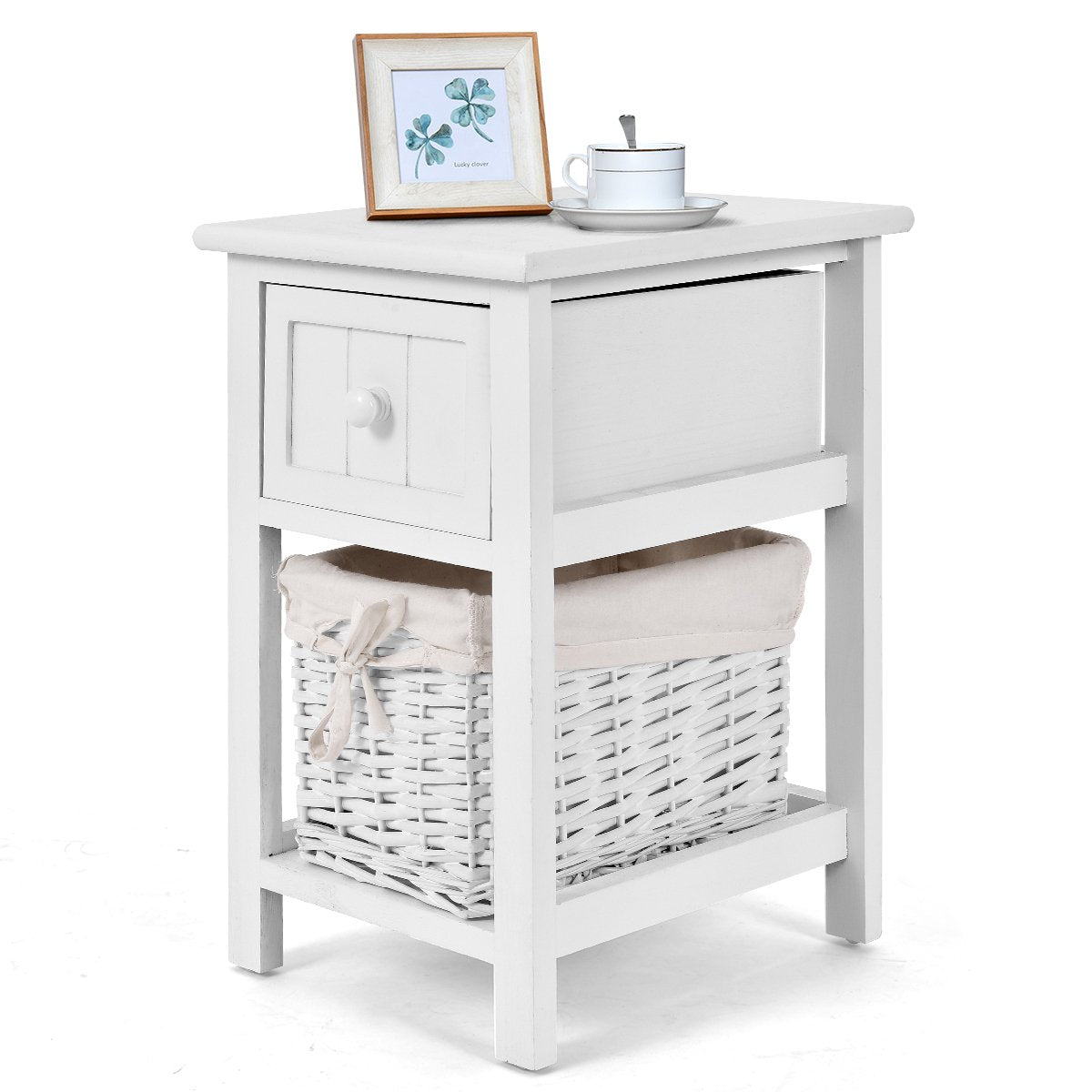 Wooden 2-Layer Bedside End Table Nightstand with Basket + Drawer