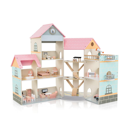 Wooden Corner Dollhouse Playset Pink Roof Doll House-Pink