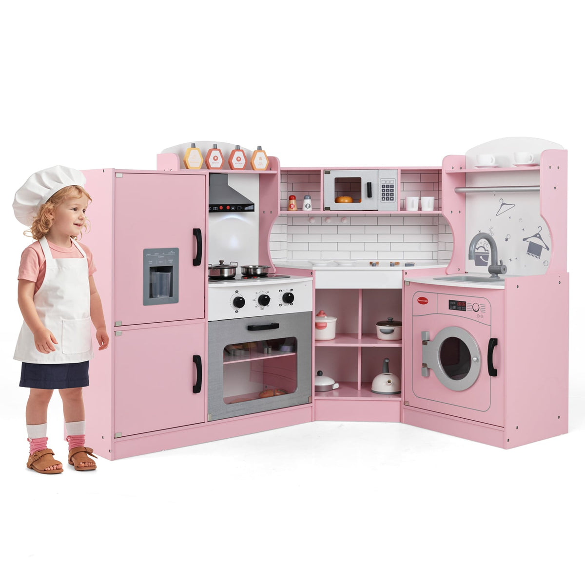 Wooden Corner Play Kitchen with Sounds and Lights-Pink