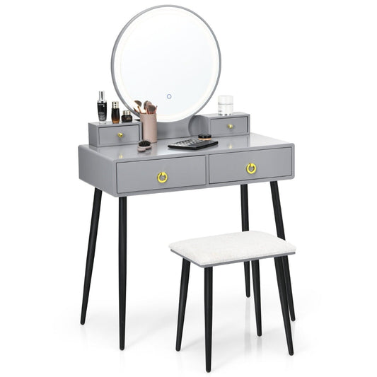 Wooden Dressing Table Set with Adjustable LED Mirror and Drawers-Grey