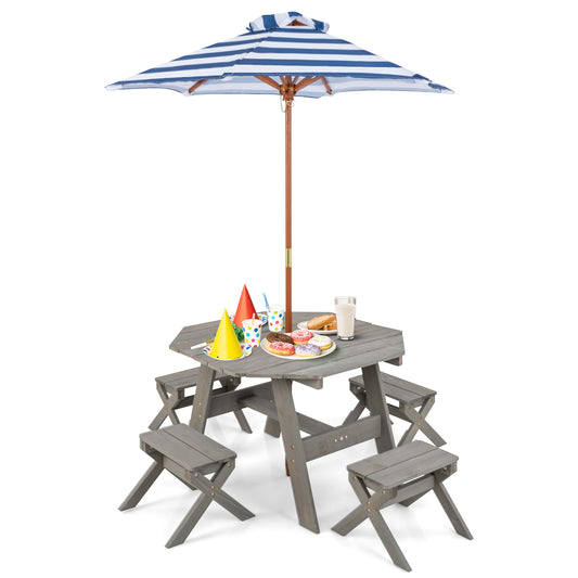 Wooden Kids Picnic Table Set with 4 Chairs and Adjustable Umbrella-Grey