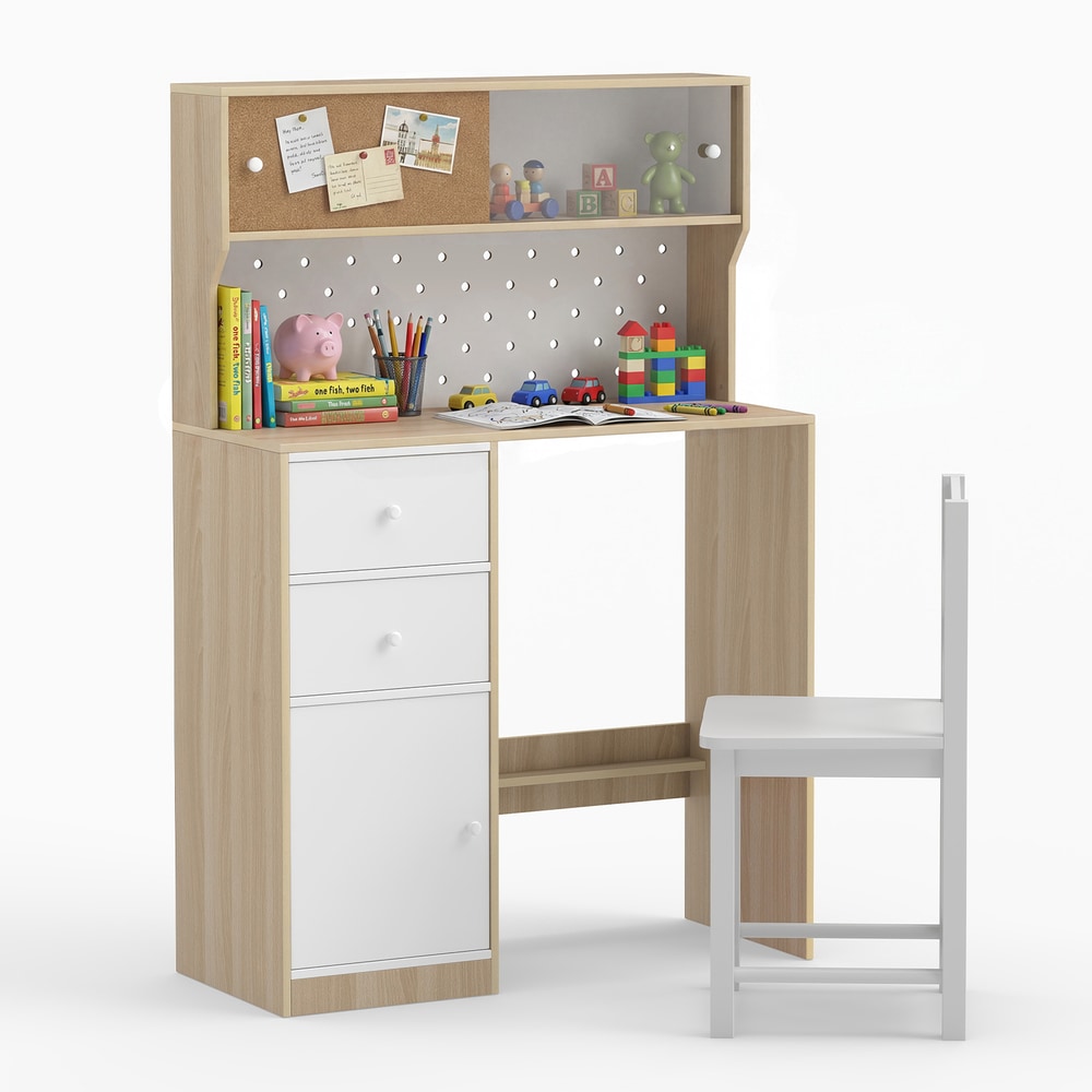 Wooden Kids Study Desk and Chair Set with 2 Cabinets and Drawers-Natural