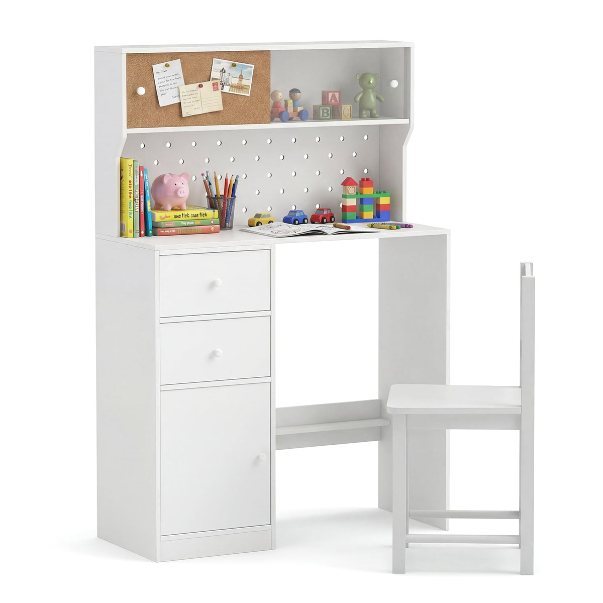 Wooden Kids Study Desk and Chair Set with 2 Cabinets and Drawers-White
