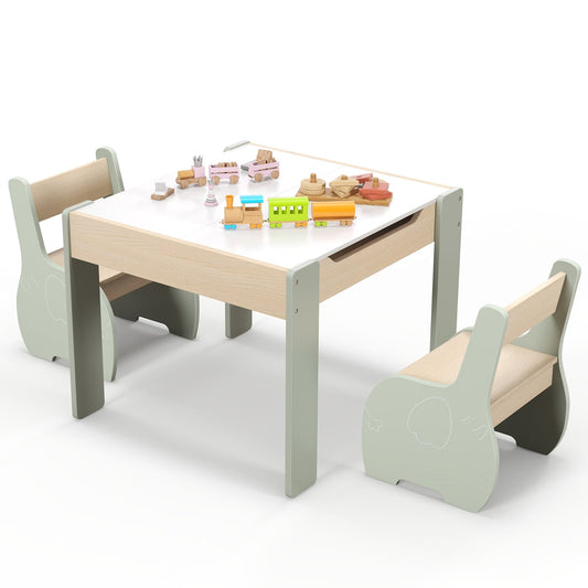 Wooden Kids Table and Chair Set with Hidden Storage-Green