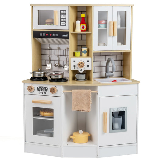 Wooden Kitchen Playset with Sound and Light for Boys Girls-Natural & White