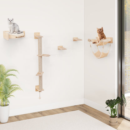 5-piece wooden Cat wall shelves with jute scratching posts and hanging ball-Natural