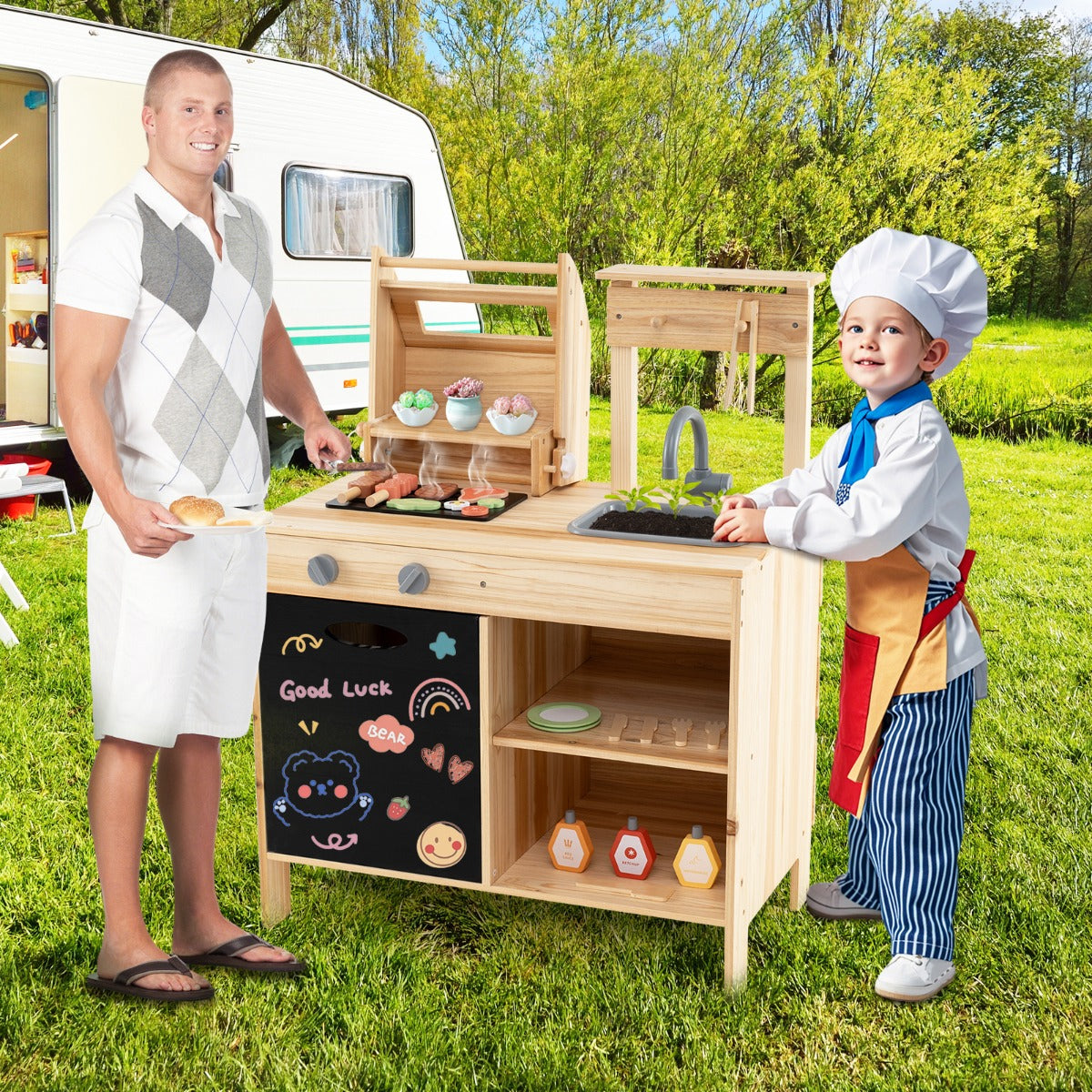 Wooden Barbecue Grill Toy Set with Chalkboard and Play Food for Kids-Natural