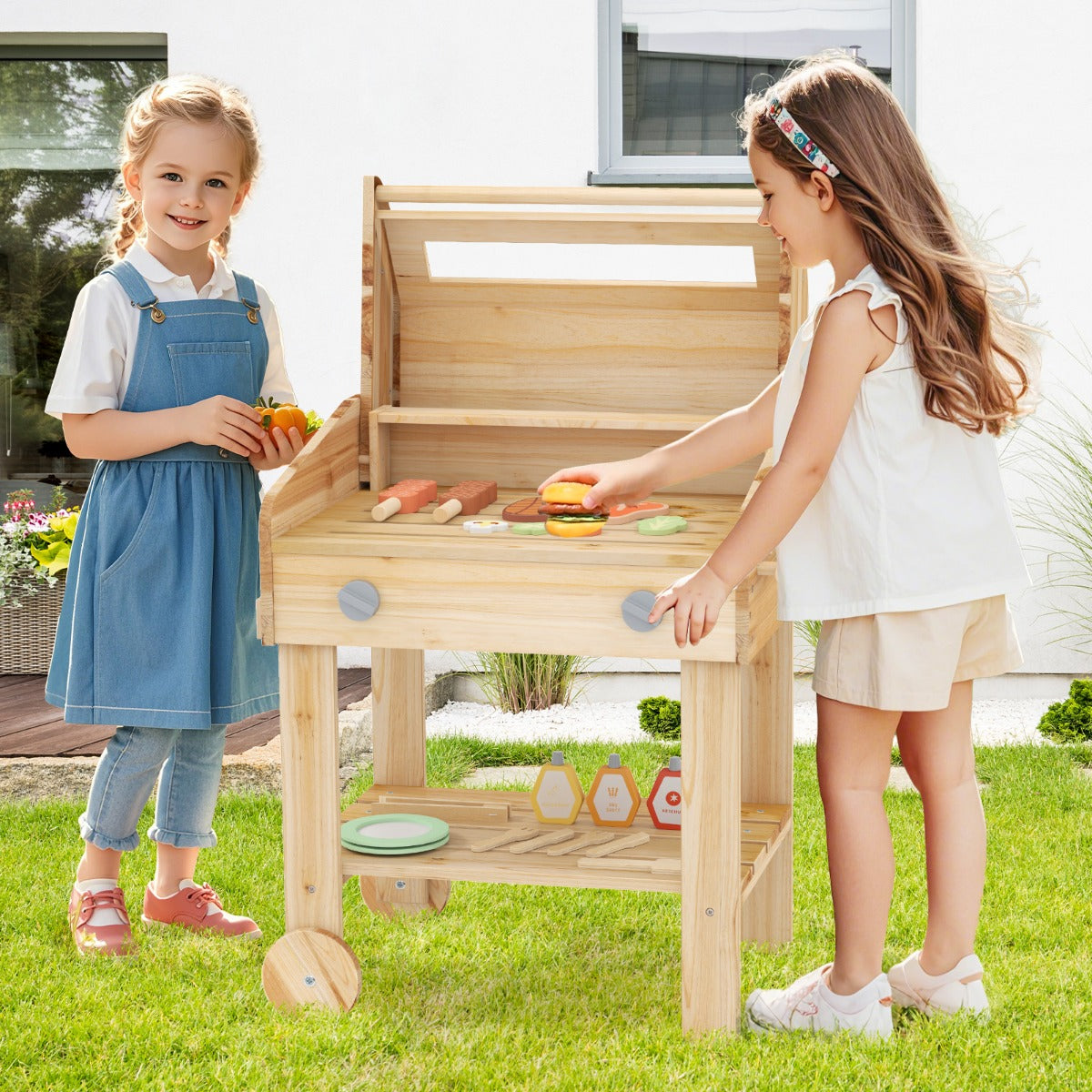 Wooden Barbecue Grill Toy Set with Play Food and Grilling Tools for kids-Natural