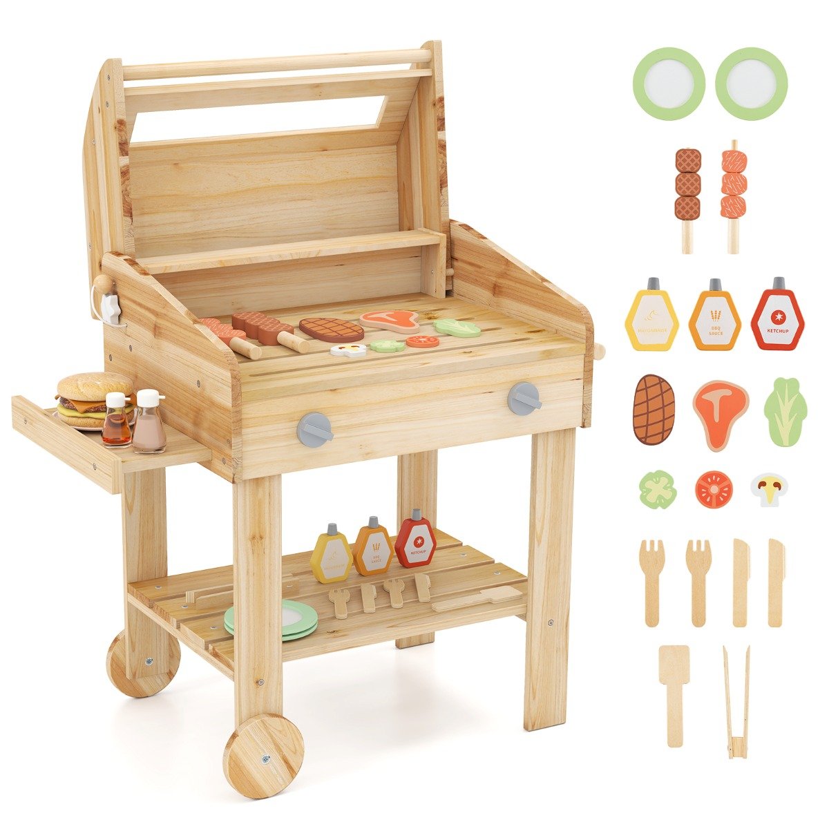 Wooden Barbecue Grill Toy Set with Play Food and Grilling Tools for kids-Natural