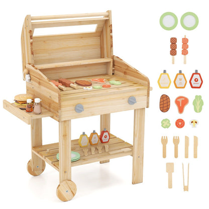 Wooden Barbecue Grill Toy Set with Play Food and Grilling Tools for kids-Natural