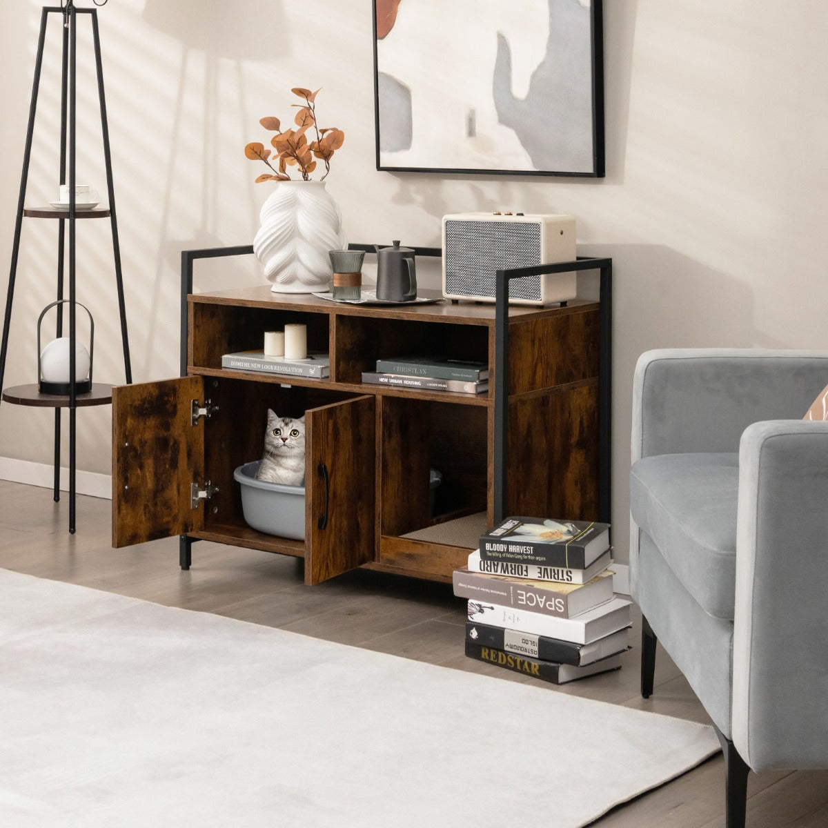 Wooden Cat Litter Box Enclosure with Compartments and Scratching Board-Coffee