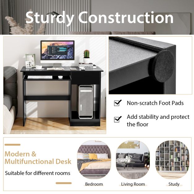 Wooden Computer Desk with Pull-out Keyboard Tray and Adjustable Storage Shelves-Black
