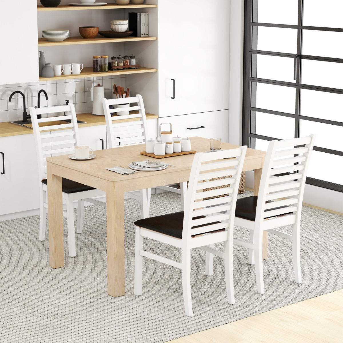 Wooden Dining Chair Set of 2 with Rubber Wood Legs and Padded Seat-Black & White