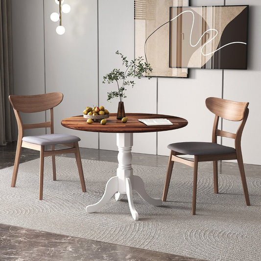 Wooden Dining Table with Round Tabletop and Curved Trestle Legs-Walnut & White