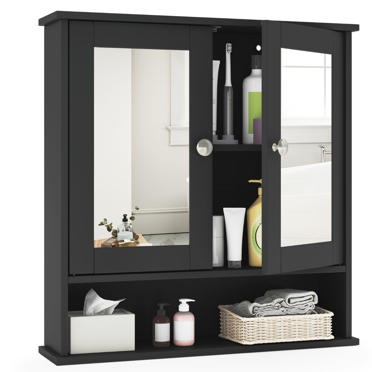 Wooden Hanging Medicine Organizer with Mirror and Adjustable Shelf-Black