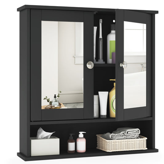 Wooden Hanging Medicine Organizer with Mirror and Adjustable Shelf-Black
