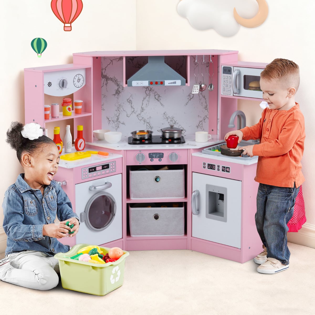 Wooden Kids Play Kitchen Corner with Lights and Water Circulation System-Pink