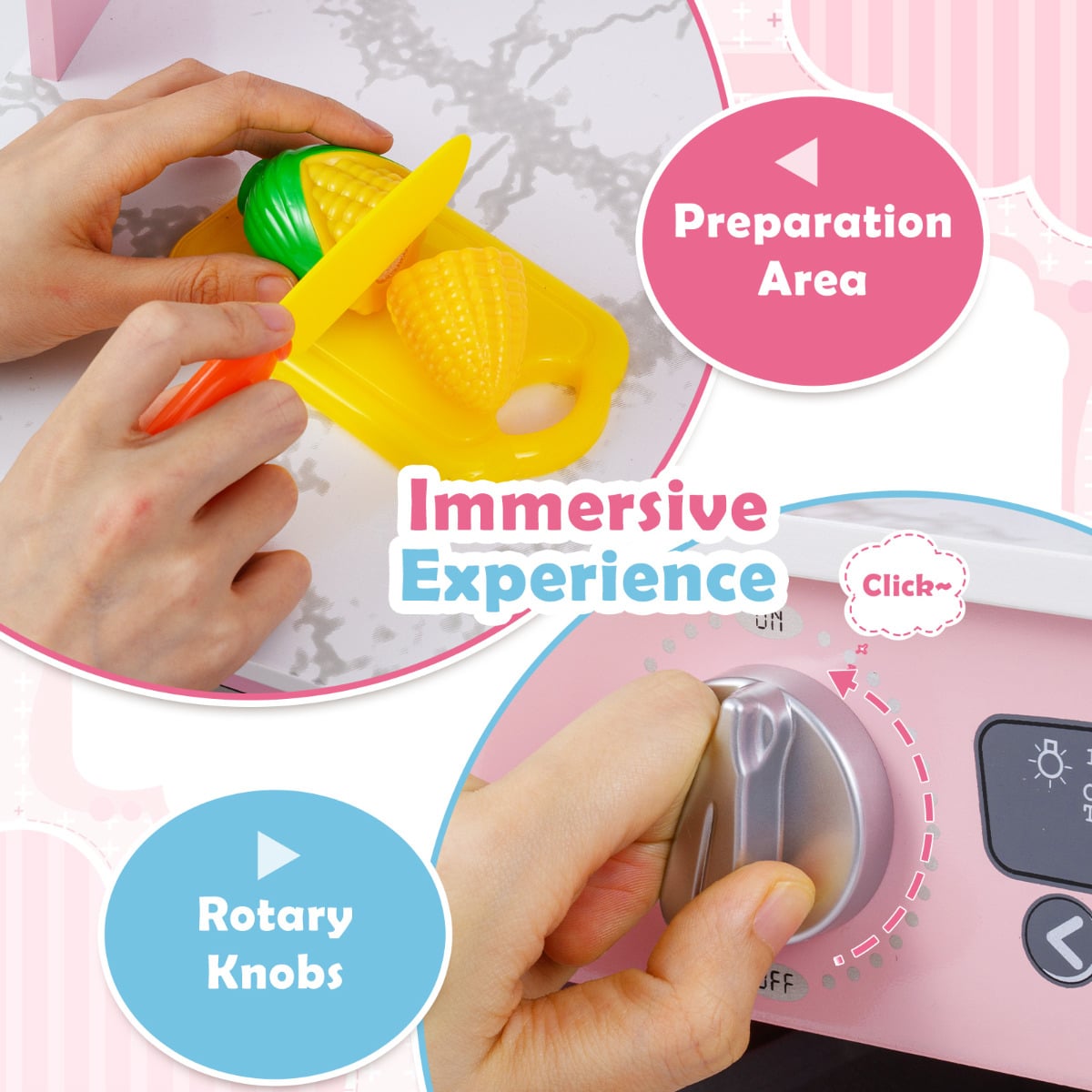 Wooden Kids Play Kitchen Corner with Lights and Water Circulation System-Pink