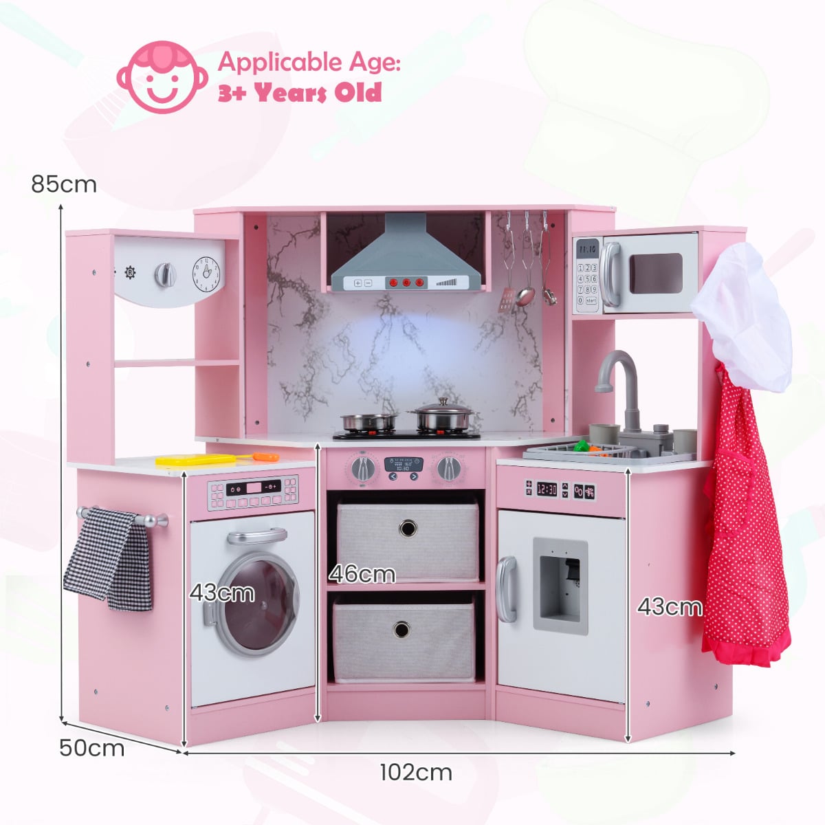 Wooden Kids Play Kitchen Corner with Lights and Water Circulation System-Pink