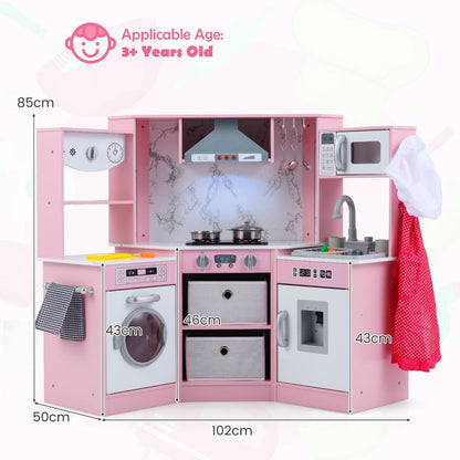 Wooden Kids Play Kitchen Corner with Lights and Water Circulation System-Pink