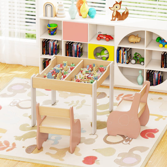 Wooden Kids Table and Chair Set with Hidden Storage-Pink