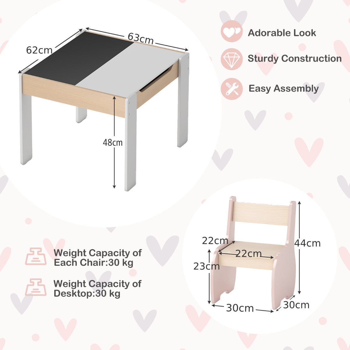 Wooden Kids Table and Chair Set with Hidden Storage-Pink