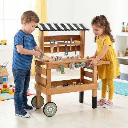 Wooden 2-in-1 Outdoor Kids Rolling Cart with Play Tools Set-Brown